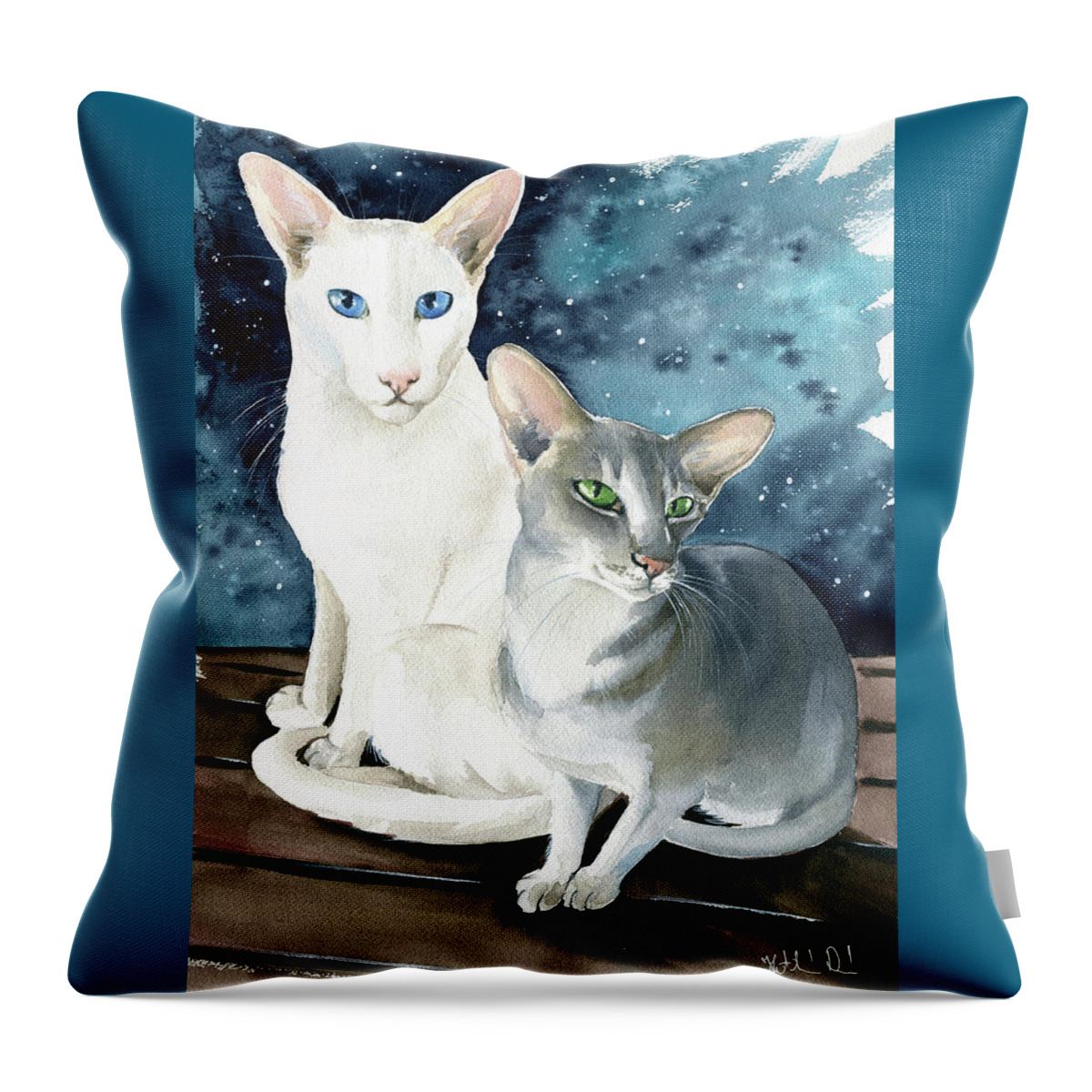 Cat Throw Pillow featuring the painting Sweetie And Honey Oriental Cat Painting by Dora Hathazi Mendes