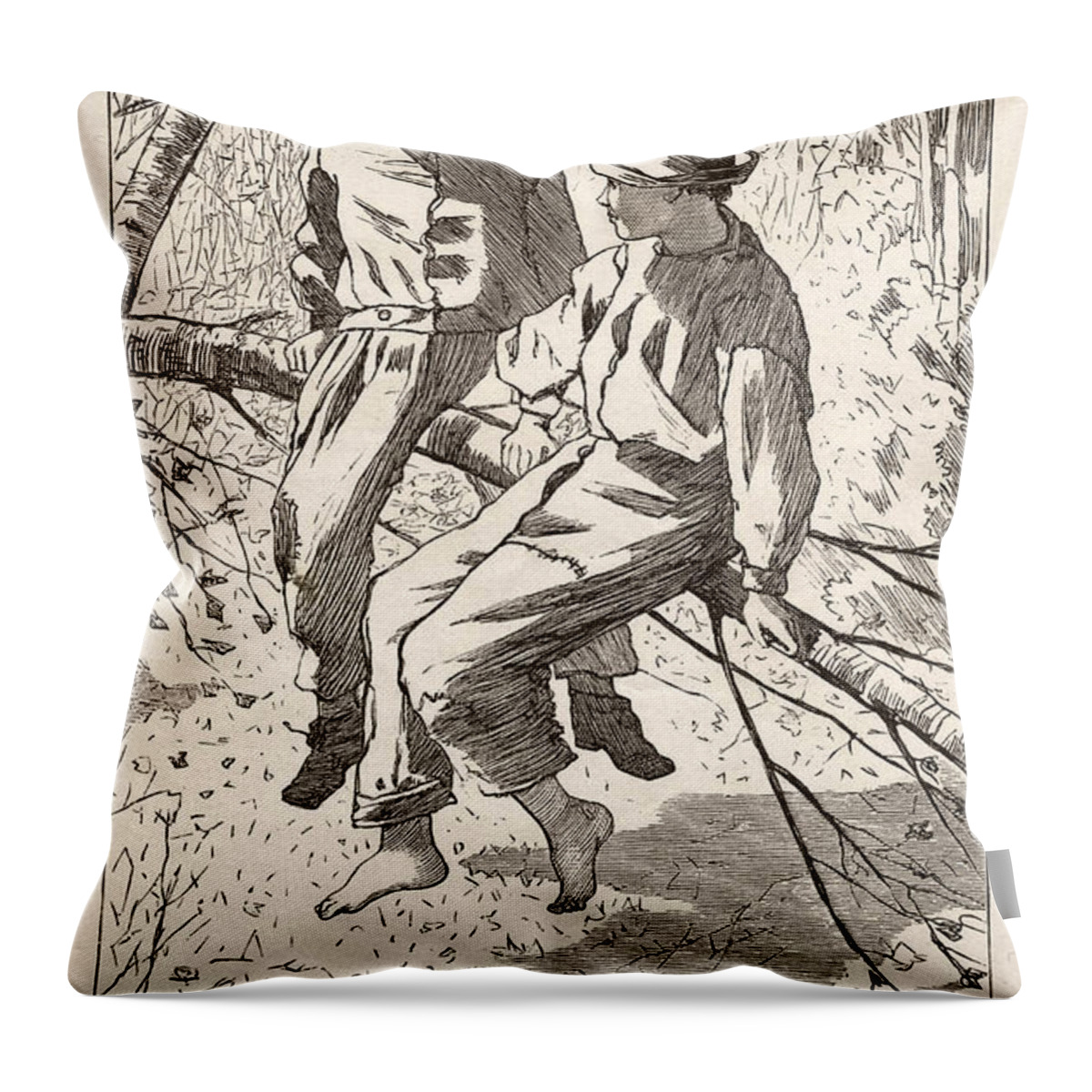 Winslow Homer Throw Pillow featuring the drawing Swinging in a Birch Tree by Winslow Homer