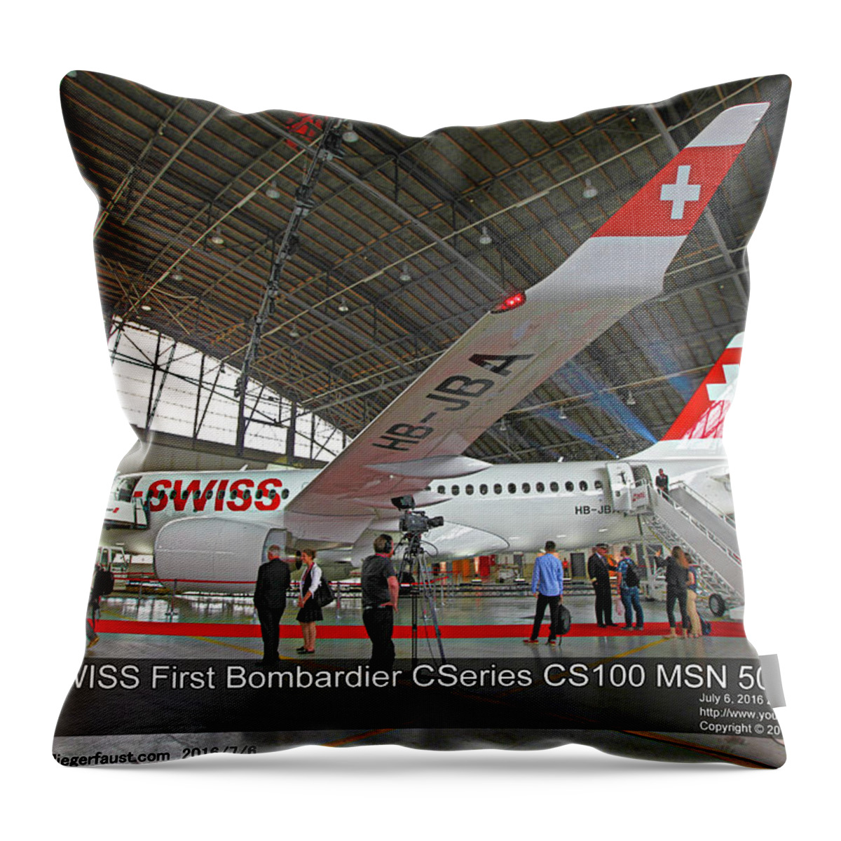 Airbus Throw Pillow featuring the photograph SWISS First CSeries Airbus A220 by Sylvain Faust