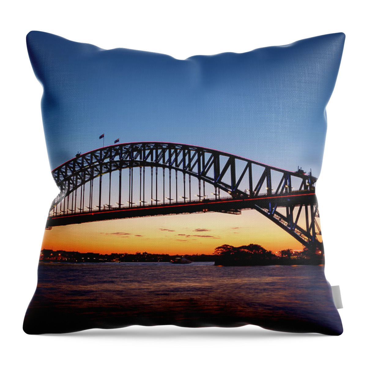 Arch Throw Pillow featuring the photograph Sydney Harbour Bridge illuminated at sunset by Rick Deacon