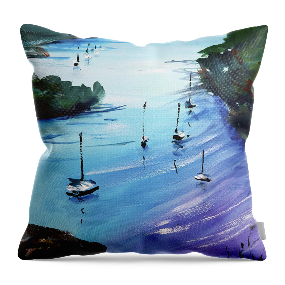 Landscape Throw Pillow featuring the painting Sydney Harbour in Bright Blues by Shirley Peters