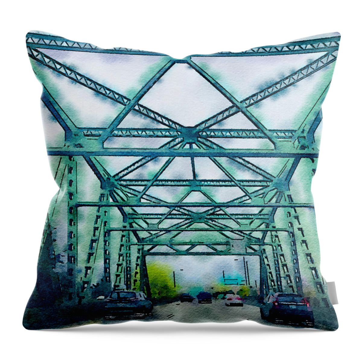 Bridge Throw Pillow featuring the painting Tacoma Bridge by Bonnie Bruno