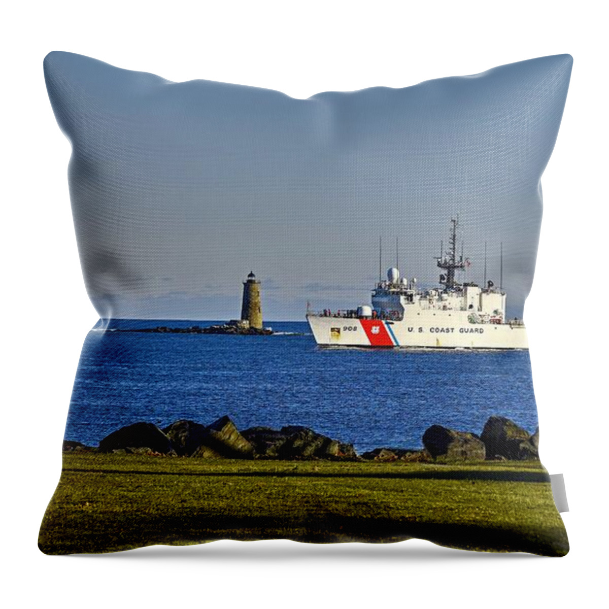 Uscgc Tahoma Throw Pillow featuring the photograph Tahoma Passes Whaleback Lighthouse by Steve Brown