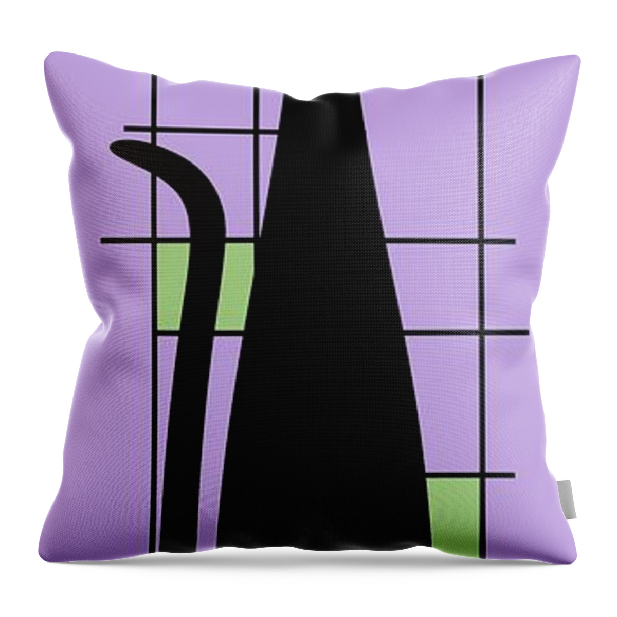 Mid Century Modern Cat Throw Pillow featuring the digital art Tall Mondrian Cat on Purple by Donna Mibus