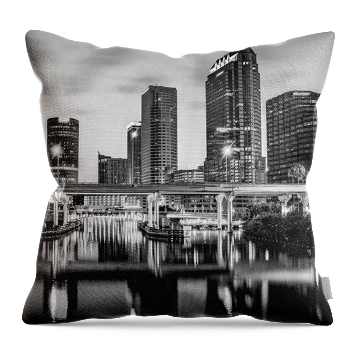 Tampa Skyline Panorama Throw Pillow featuring the photograph Tampa Florida Skyline Panorama in Black and White by Gregory Ballos