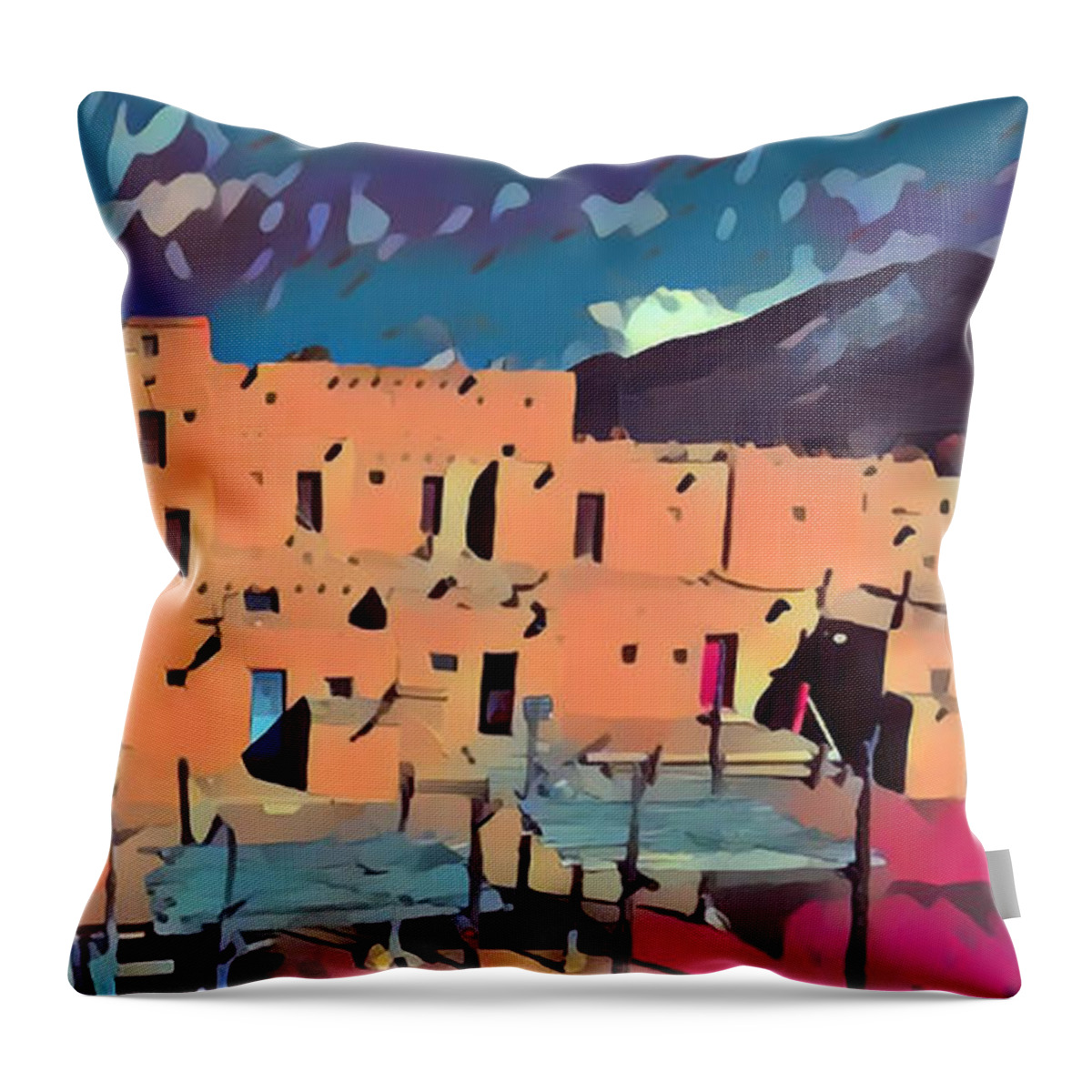 Native American Throw Pillow featuring the digital art Taos Pueblo Sunset #1 by Aerial Santa Fe