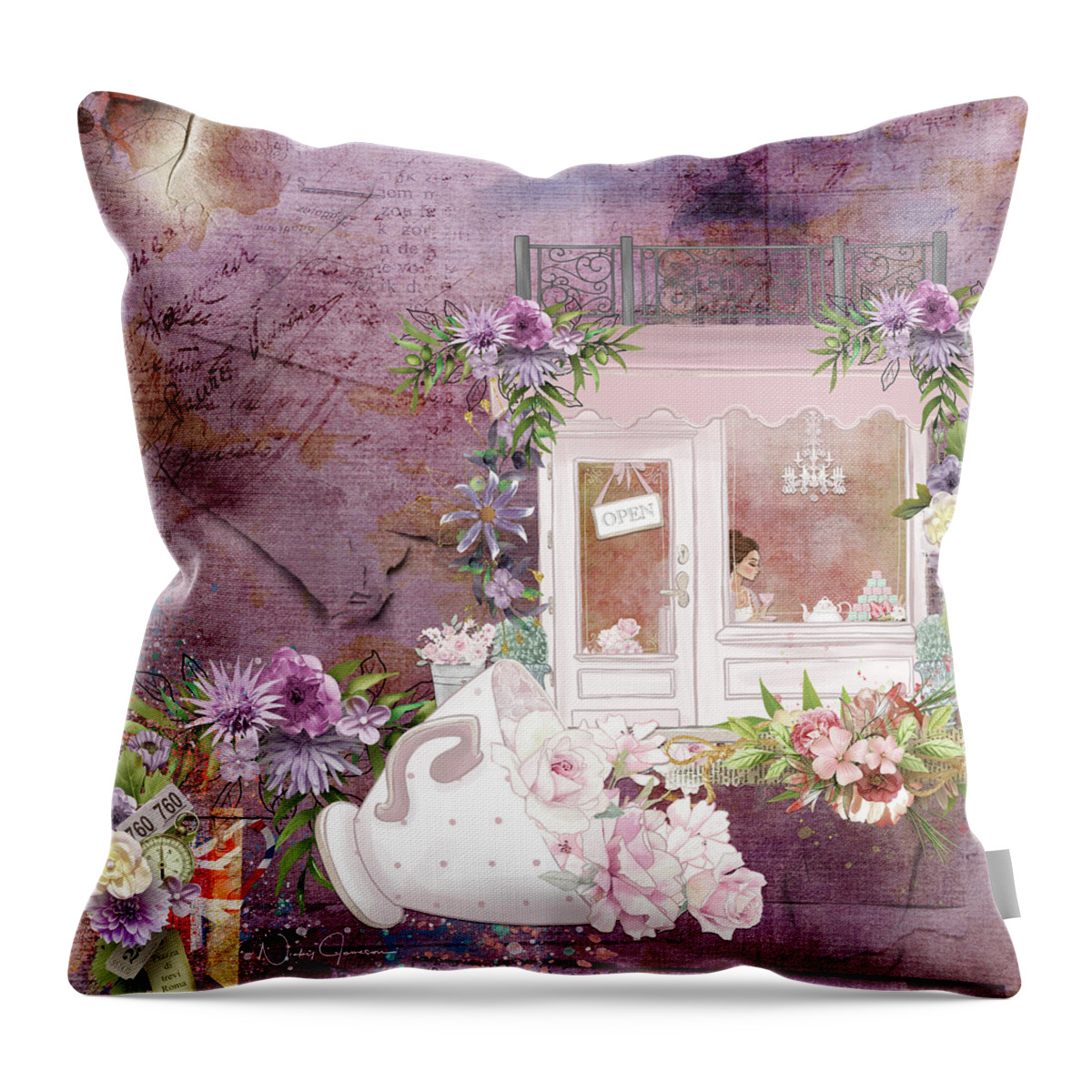 Nickyjameson Throw Pillow featuring the mixed media Tea Shop Times by Nicky Jameson