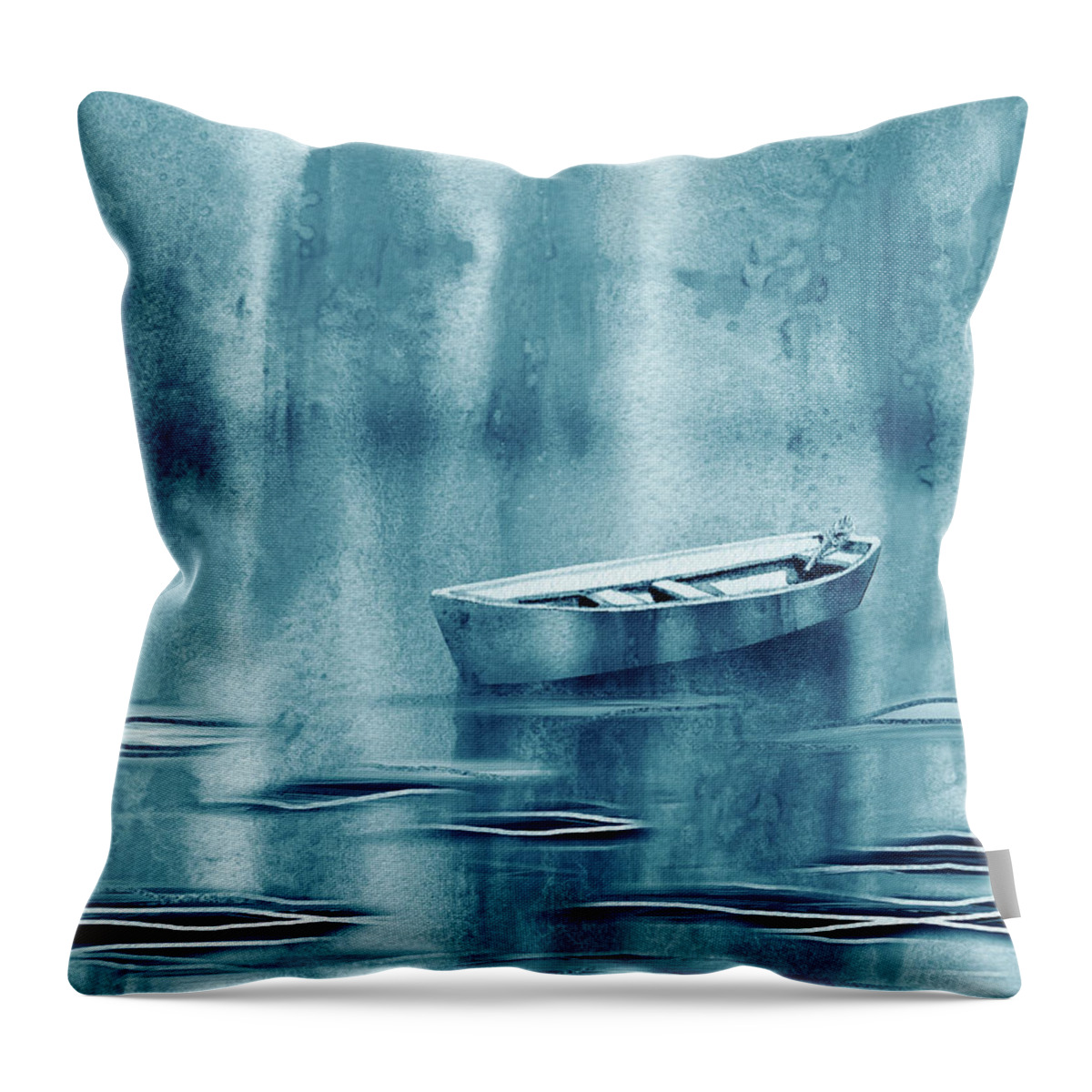 Teal Blue Calm Waters Boat Throw Pillow featuring the painting Teal Blue Waters Of The Lake With Single Boat Drifting by Irina Sztukowski