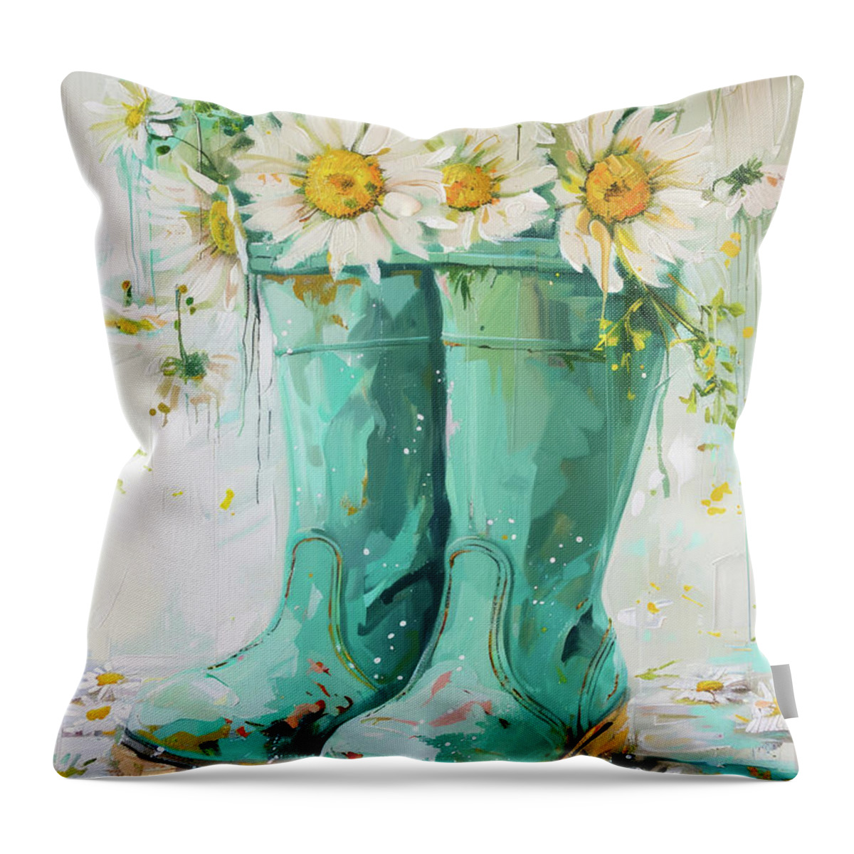 Daisies Throw Pillow featuring the painting Teal Rain Boots by Tina LeCour
