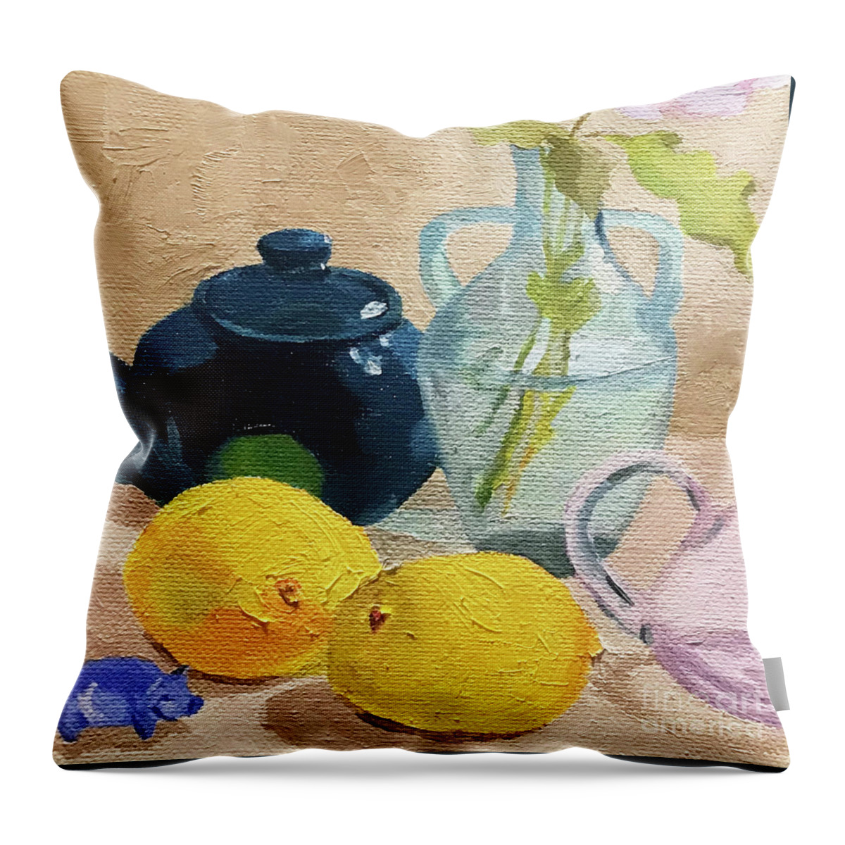 Lemon Throw Pillow featuring the painting Teal Teapot and Lemons by Anne Marie Brown