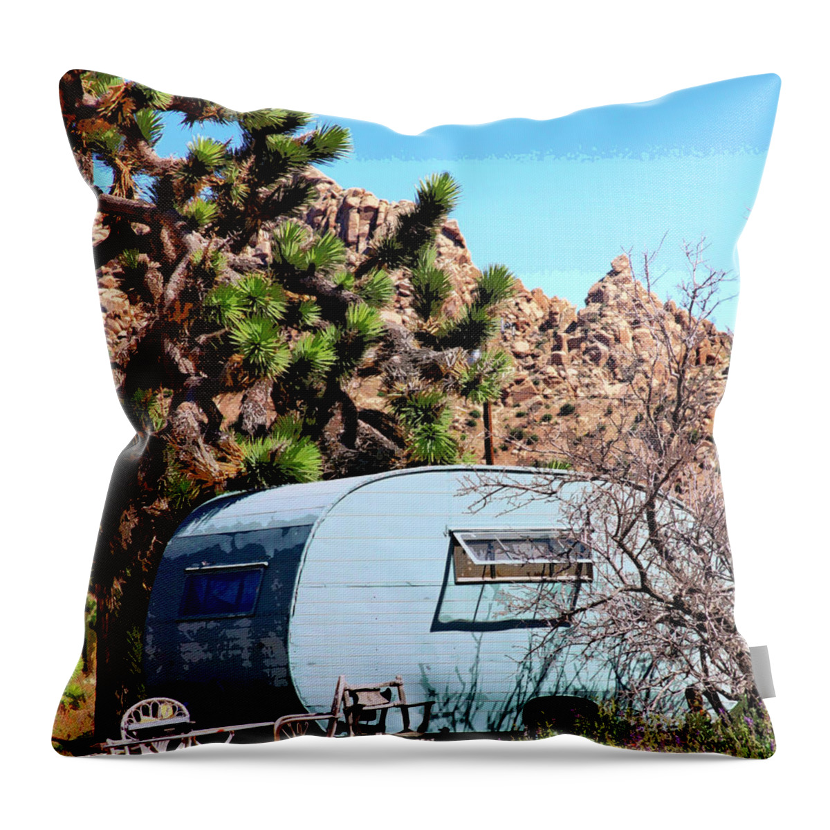 Teardrop Throw Pillow featuring the photograph TEARDROP TRAILER BLUES Coachella Valley CA by William Dey