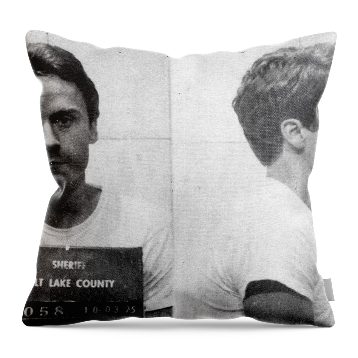 Ted Bundy Throw Pillow featuring the painting Ted Bundy Mug Shot 1975 Horizontal 2 by Tony Rubino