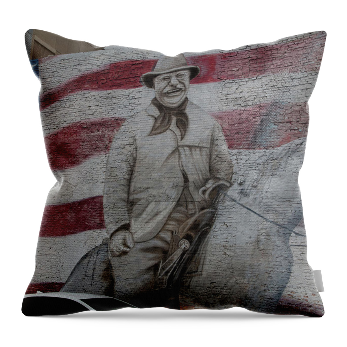 Theodore Roosevelt Mural Throw Pillow featuring the photograph Teddy Roosevelt mural in Denver Colorado by Eldon McGraw