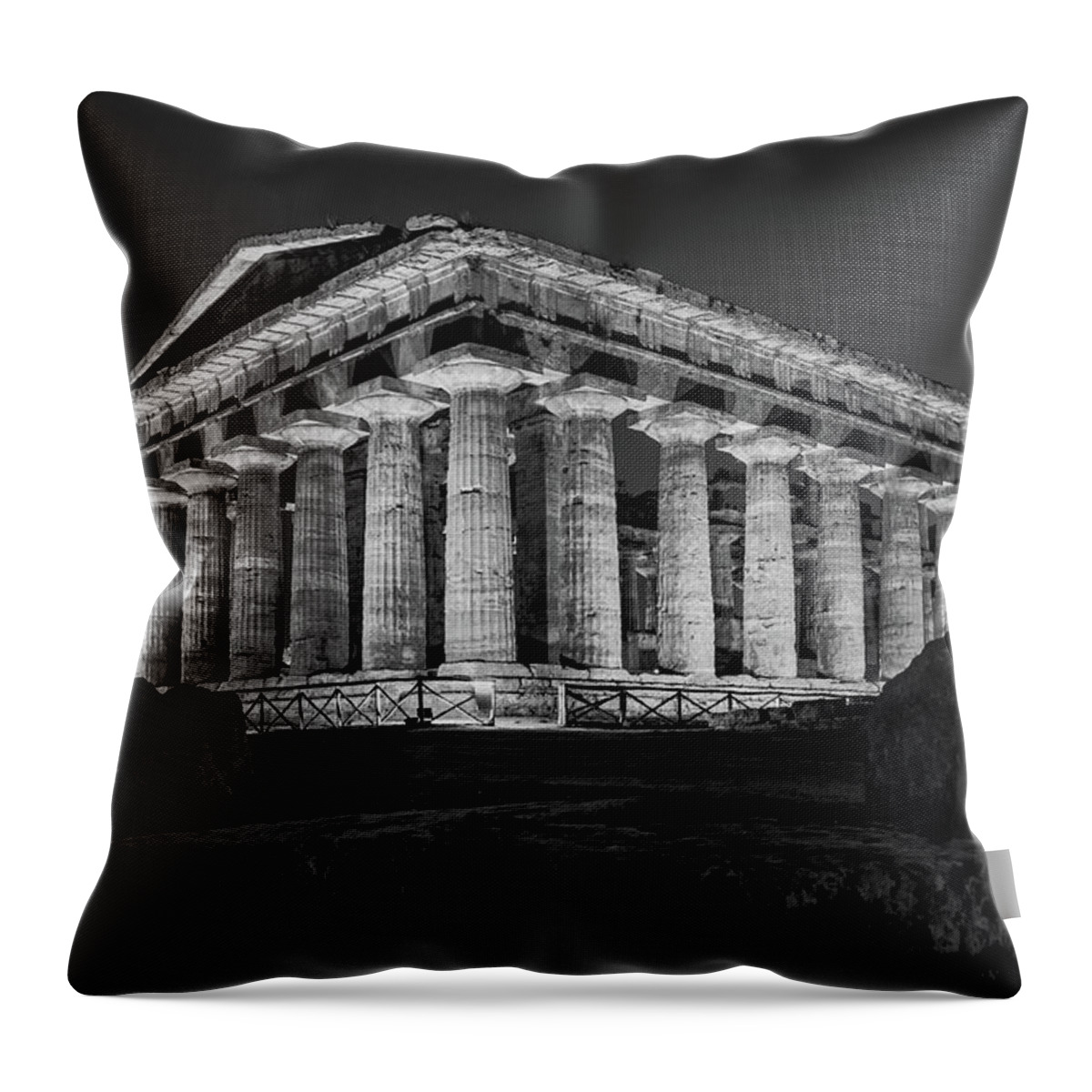 Amazing Place Throw Pillow featuring the photograph Temple of Neptune black and white by Umberto Barone