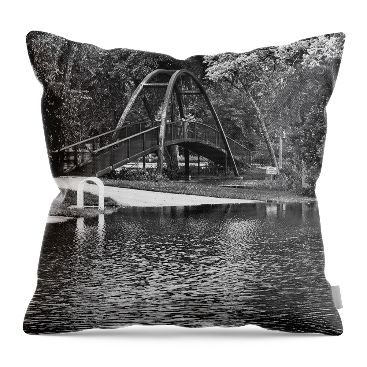 Flooding Throw Pillow featuring the photograph Tenney Park Bridge, Madison, WIsconsin BW by Steven Ralser