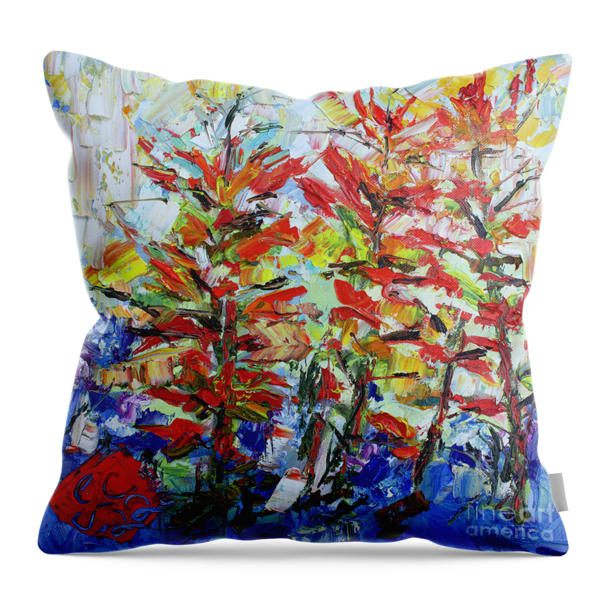 Palette Knife Oil Paintings Throw Pillow featuring the painting Texas Flowers Indian Paintbrush Palette Knife Oil On Canvas by Ginette Callaway