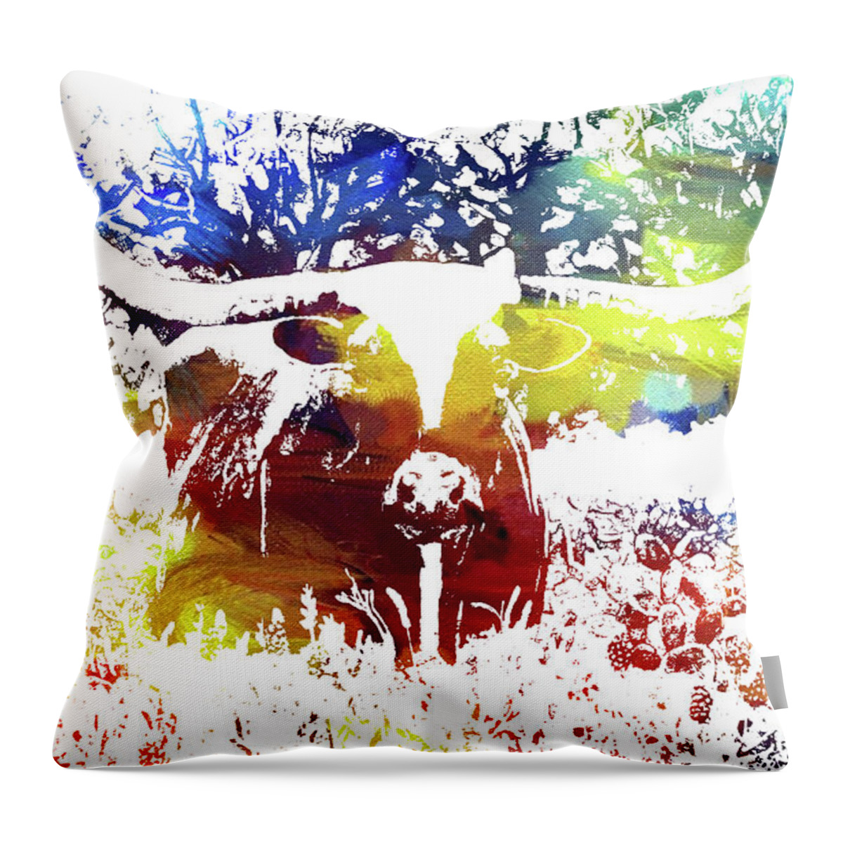 Longhorn Throw Pillow featuring the painting Texas Longhorn Front View - Abstract Colors by Hailey E Herrera