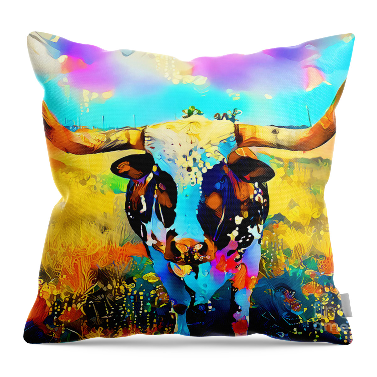Wingsdomain Throw Pillow featuring the photograph Texas Longhorn in Vibrant Colors 20210726 by Wingsdomain Art and Photography