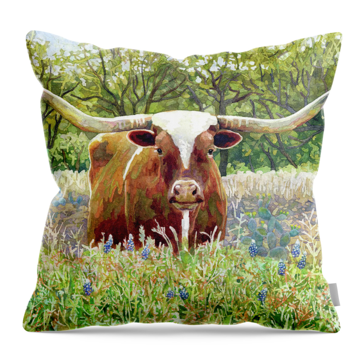 Longhorn Throw Pillow featuring the painting Texas Longhorn-pastel colors by Hailey E Herrera
