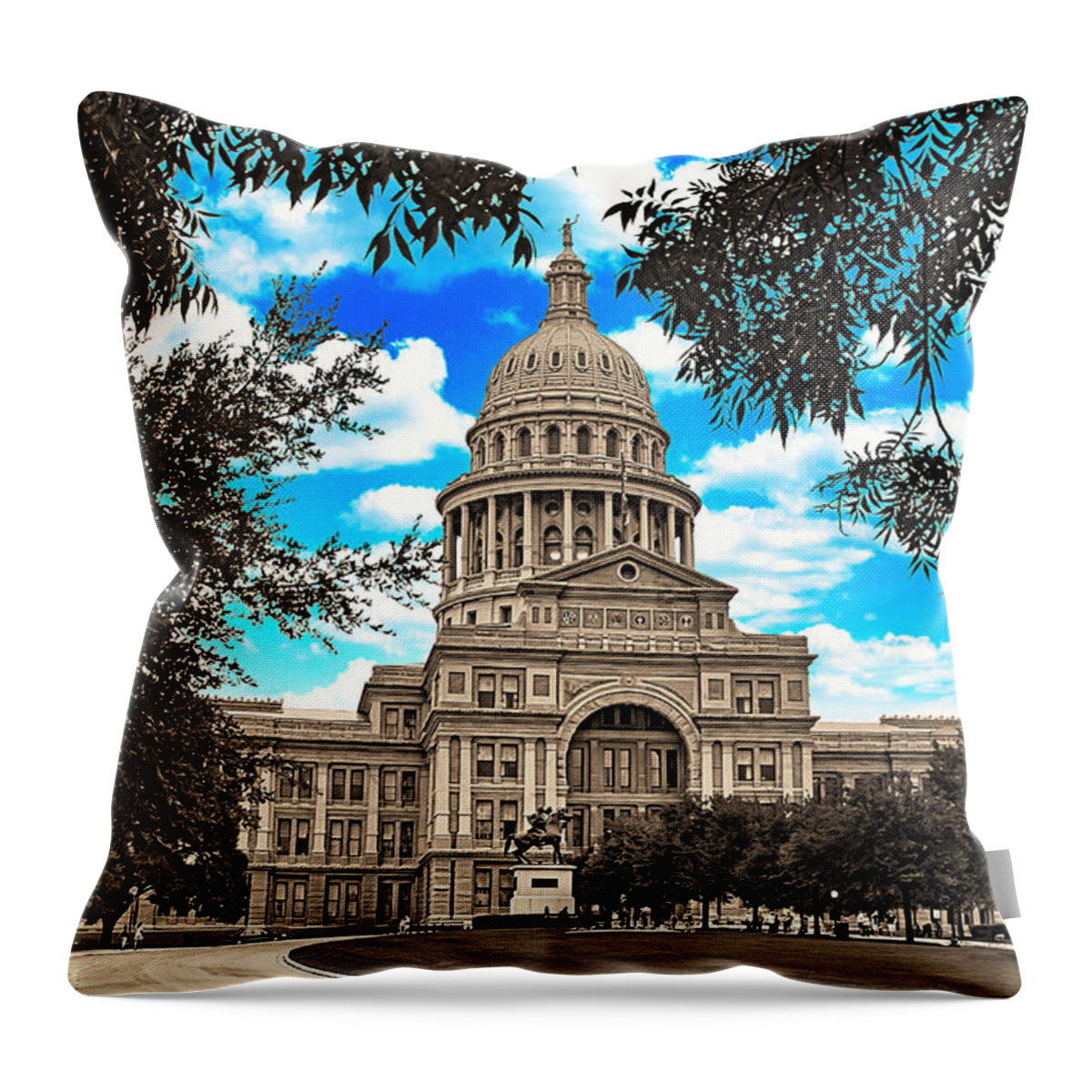 Texas State Capitol Throw Pillow featuring the digital art Texas State Capitol in Austin - Black and white, with the blue sky isolated by Nicko Prints