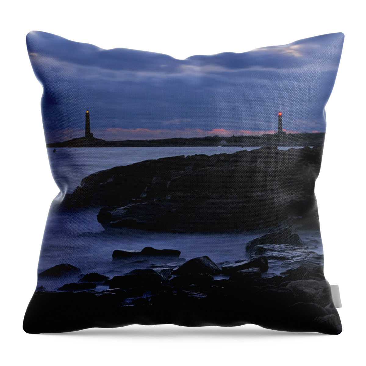 Thacher Island Throw Pillow featuring the photograph Thacher Island Twin Lighthouses by Liz Mackney