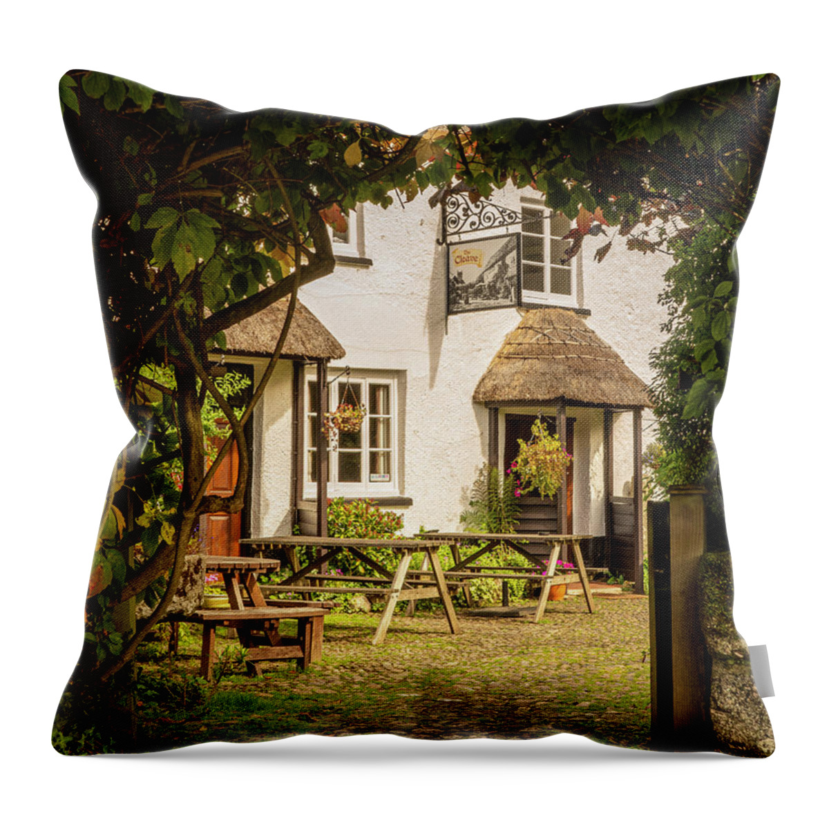 England Throw Pillow featuring the photograph Thatched pub garden in Lustleigh in Devon by Steven Heap