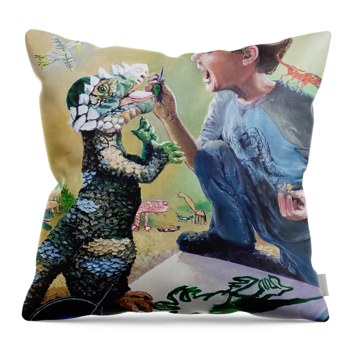 Boy Throw Pillow featuring the painting The Age of Dinosaurs by Merana Cadorette