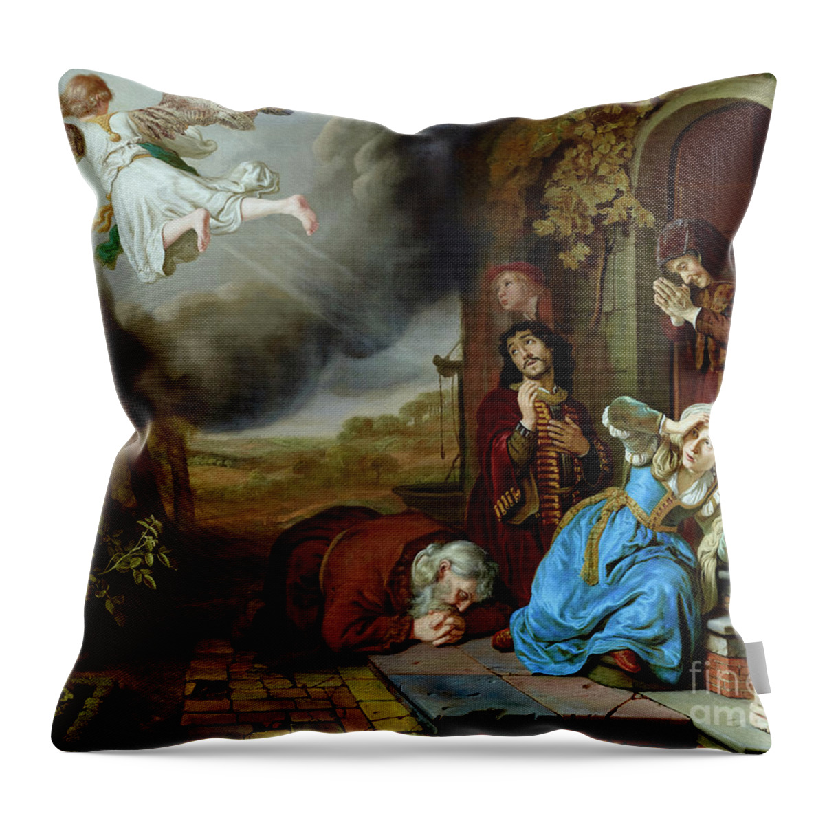 God Throw Pillow featuring the painting The Angel Taking Leave of Tobit and His Family by Jan Victors Fine Art Old Masters Reproduction by Rolando Burbon