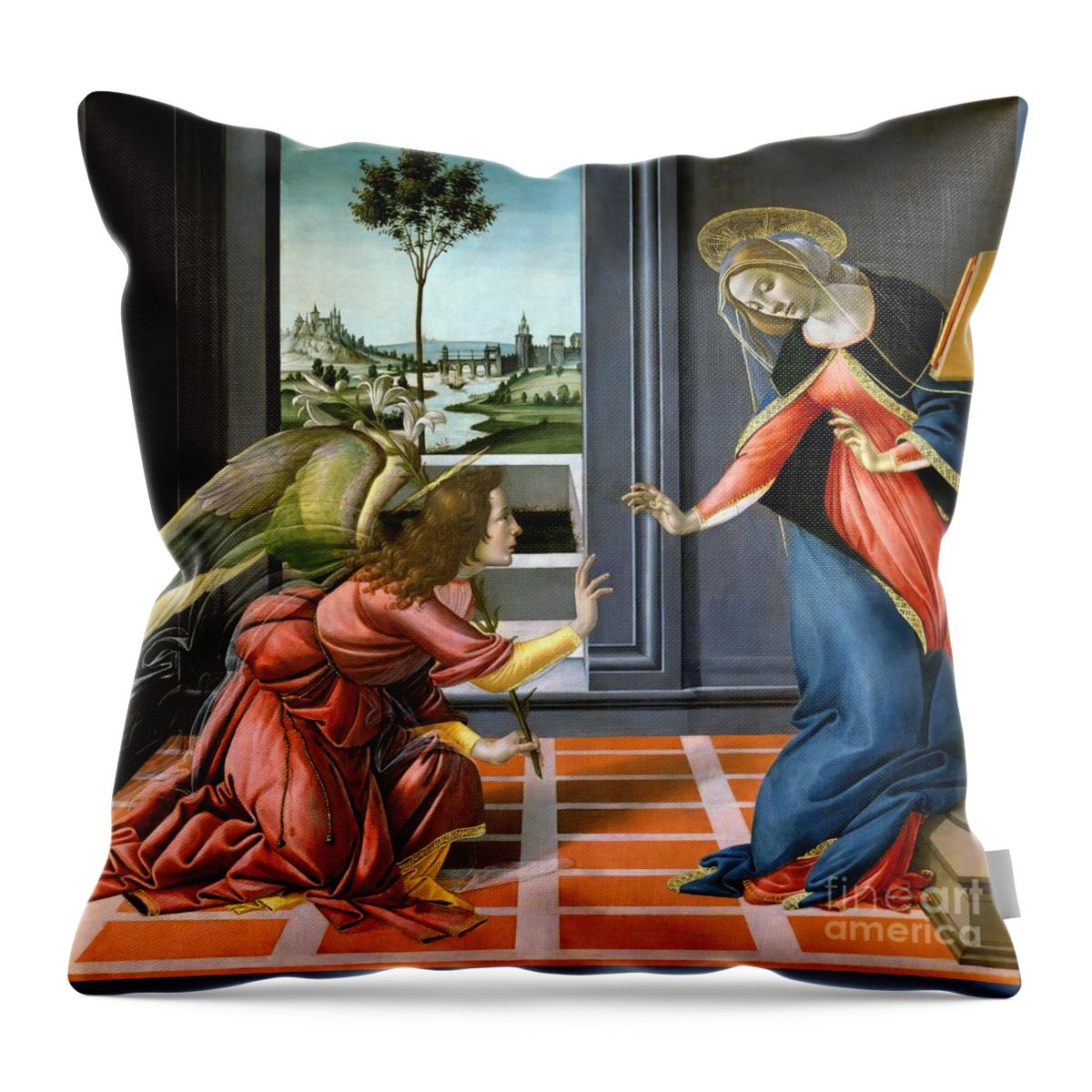 Botticelli Annunciation 1481 Throw Pillow featuring the painting The Annunciation 1489 by Sandro Botticelli