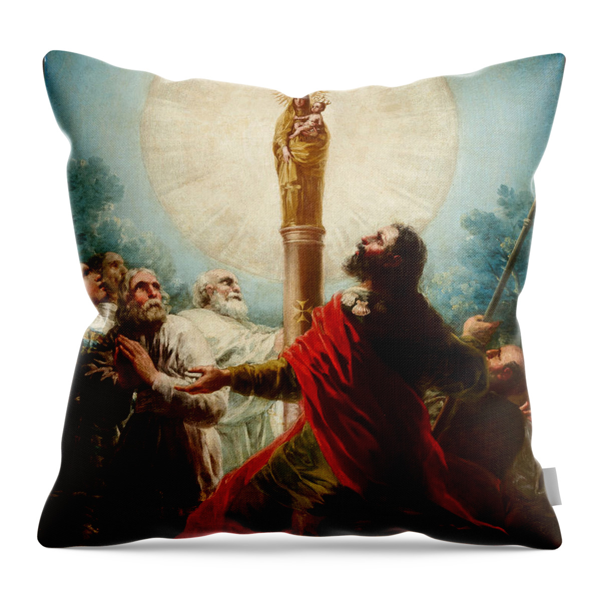Antique Throw Pillow featuring the painting The Apostle Santiago and his disciples adoring the Virgen del Pilar by Vincent Monozlay