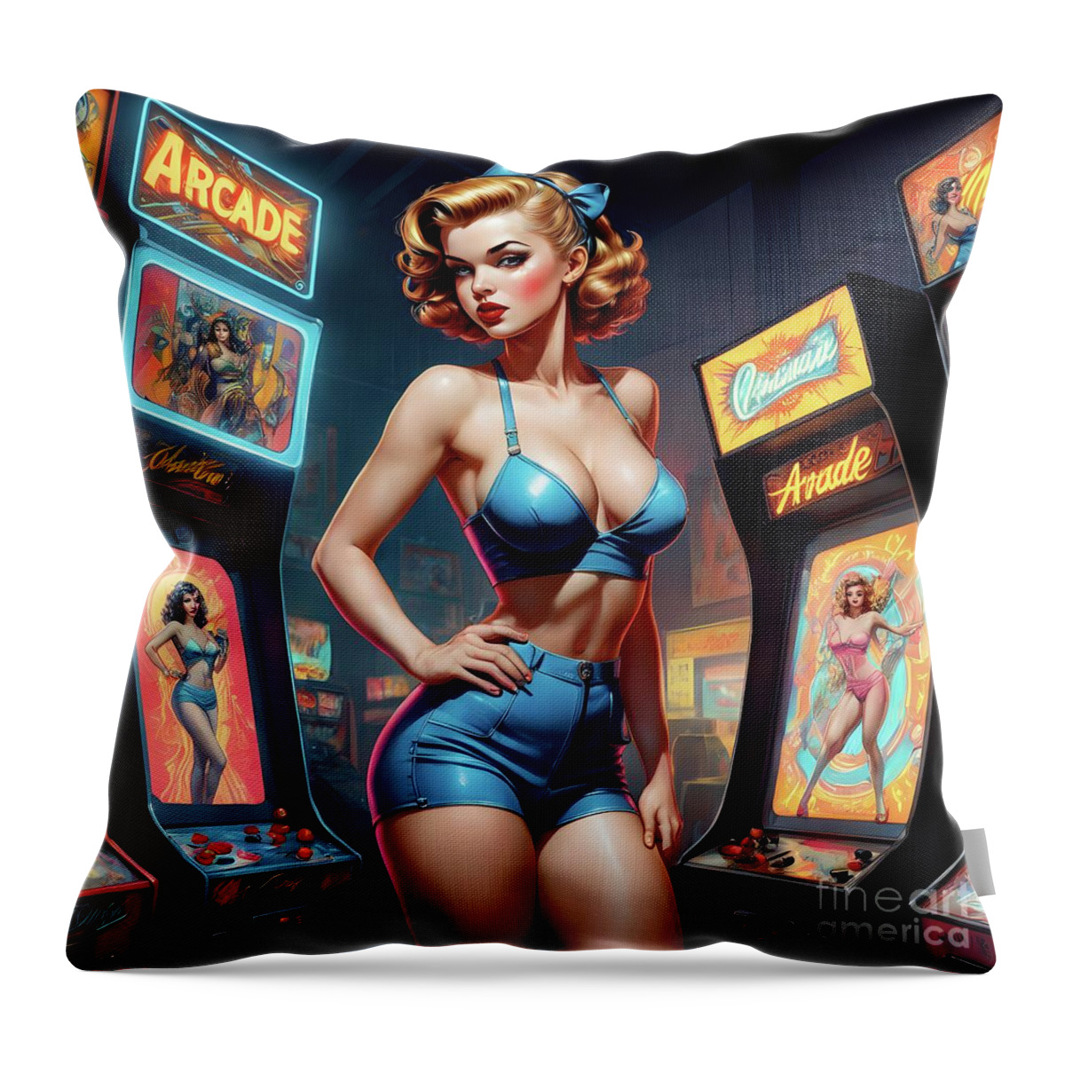 Game Throw Pillow featuring the digital art The arcade parlor by Sen Tinel