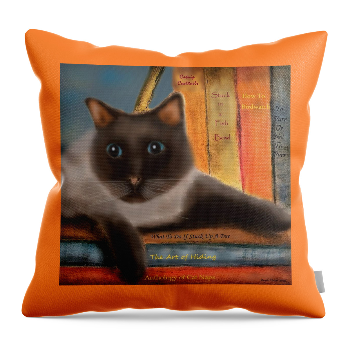 Cat Throw Pillow featuring the painting The Art of Hiding in Plain Sight by Angela Davies