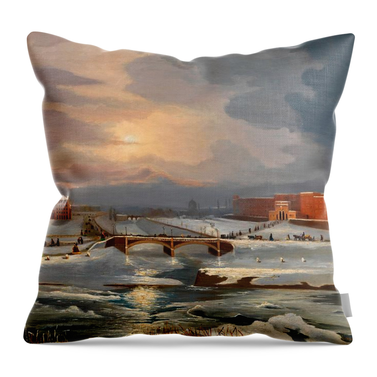 Painting Throw Pillow featuring the painting The Barracks Custom Office and Radetzky Bridge in Winter by Tina Blau