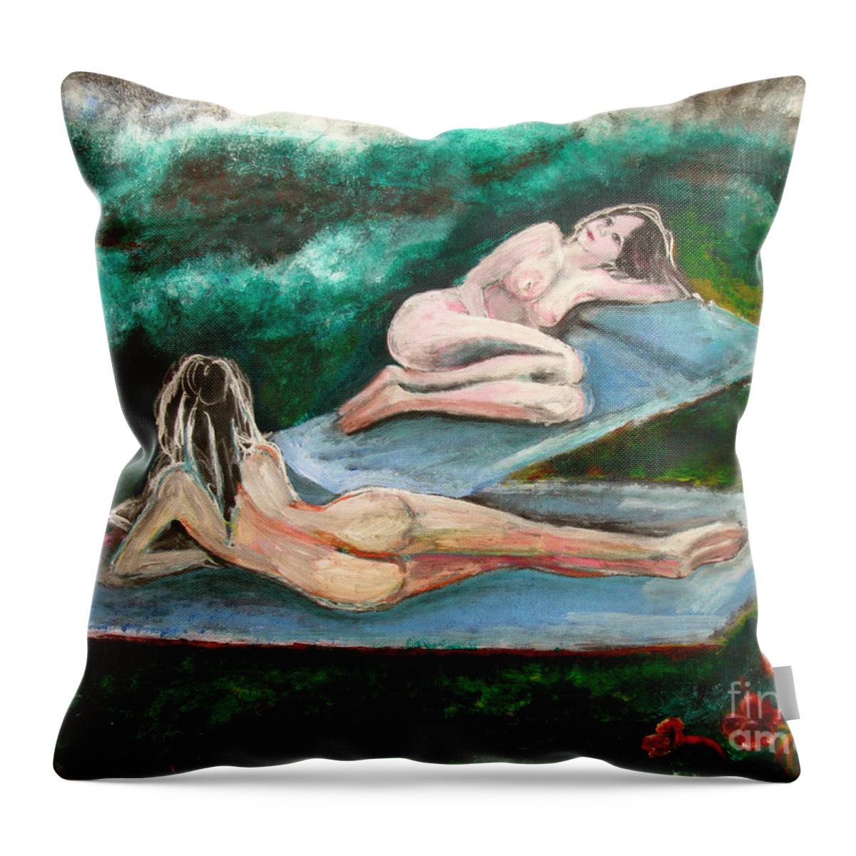 Nude Throw Pillow featuring the painting The beauty of Tranquility Green by Tom Conway