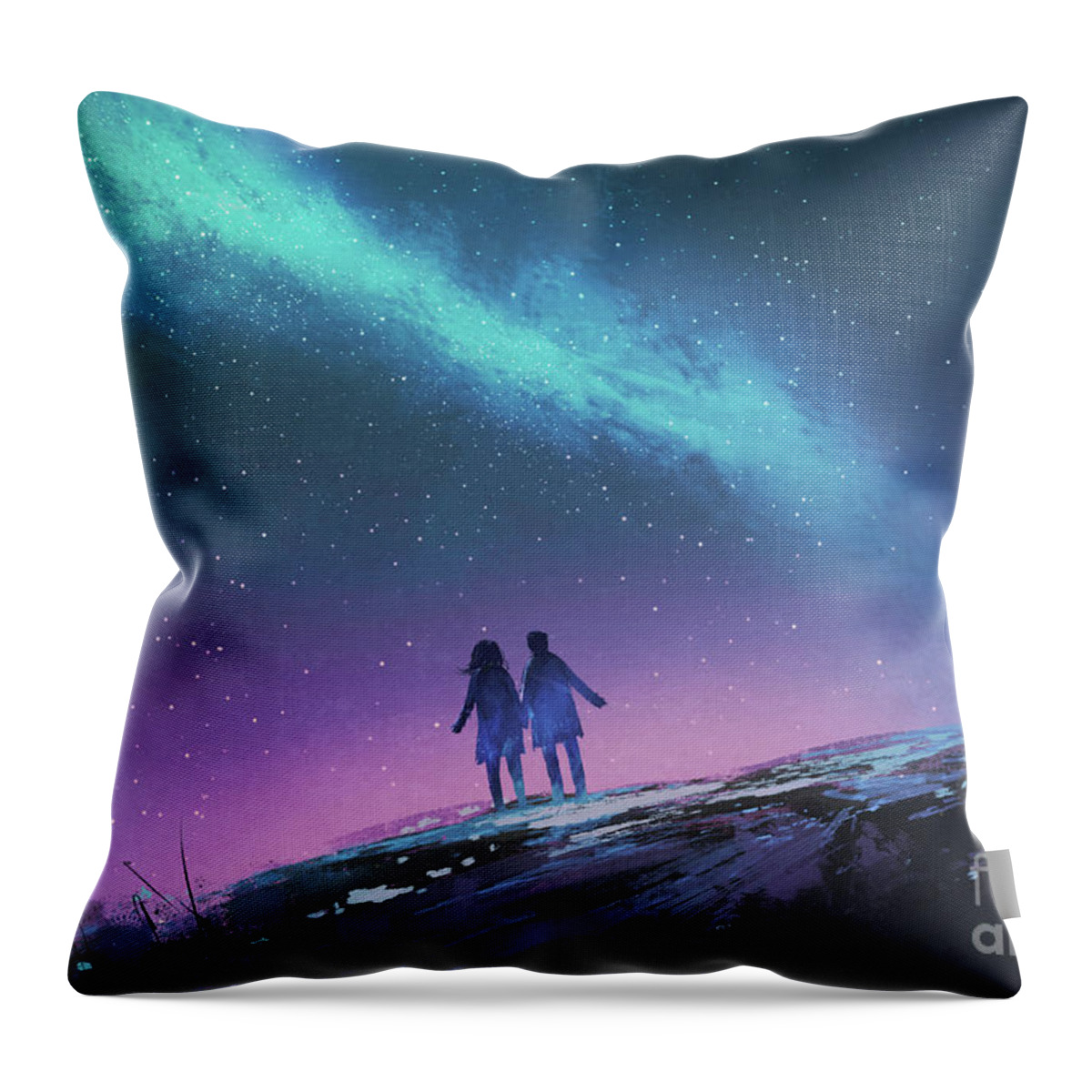 Acrylic Throw Pillow featuring the painting The Blue Light In The Night Sky by Tithi Luadthong
