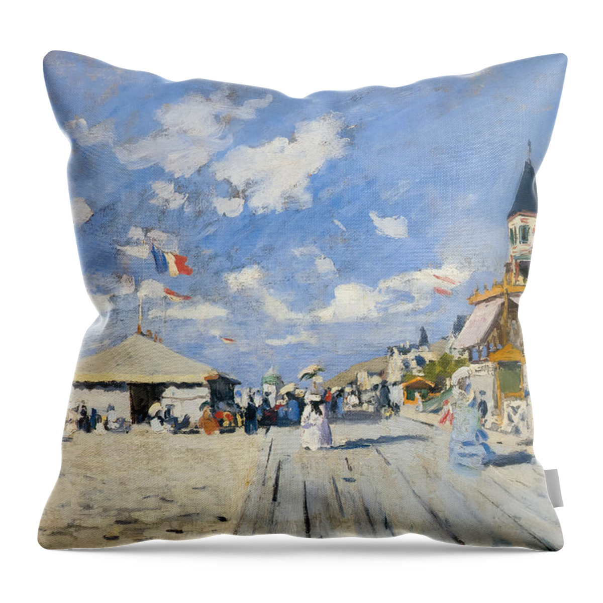 Boardwalk Throw Pillow featuring the painting The boardwalk on the beach by Claude Monet by Mango Art