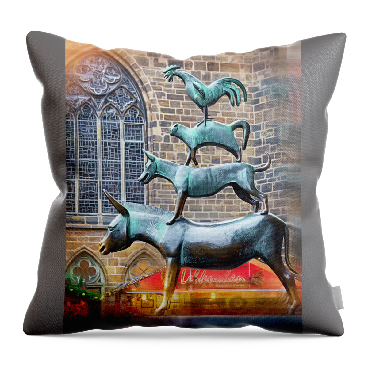 The Bremen Town Musicians Throw Pillow featuring the photograph The Bremen Town Musicians Bremen Germany by Carol Japp
