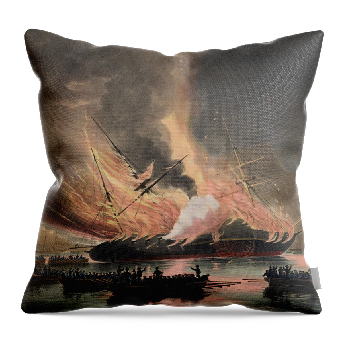 Burning Throw Pillow featuring the painting The Burning of the USS Missouri in Gibraltar by Mango Art