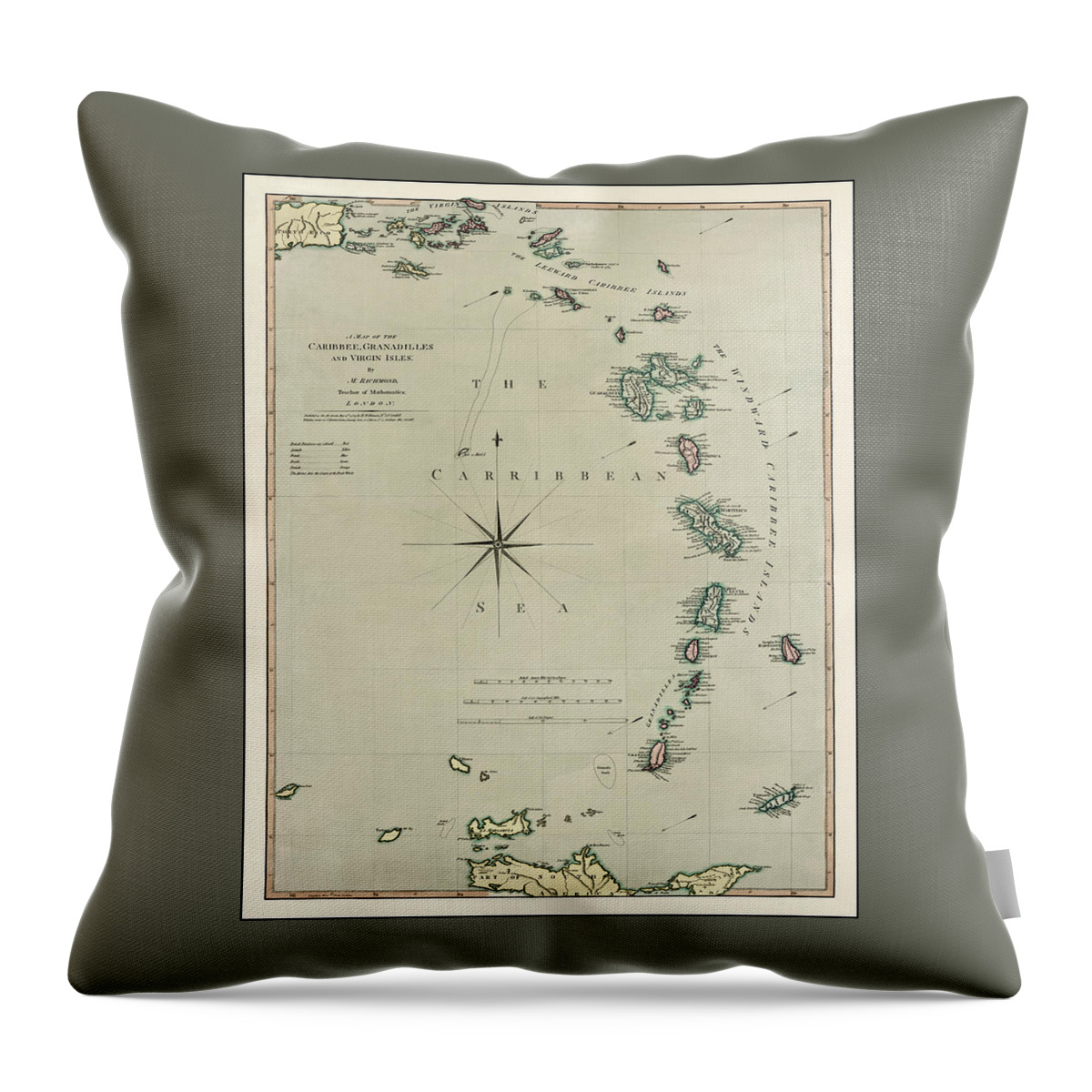 Caribbean Throw Pillow featuring the photograph The Caribbean Vintage Historical Map 1789 by Carol Japp