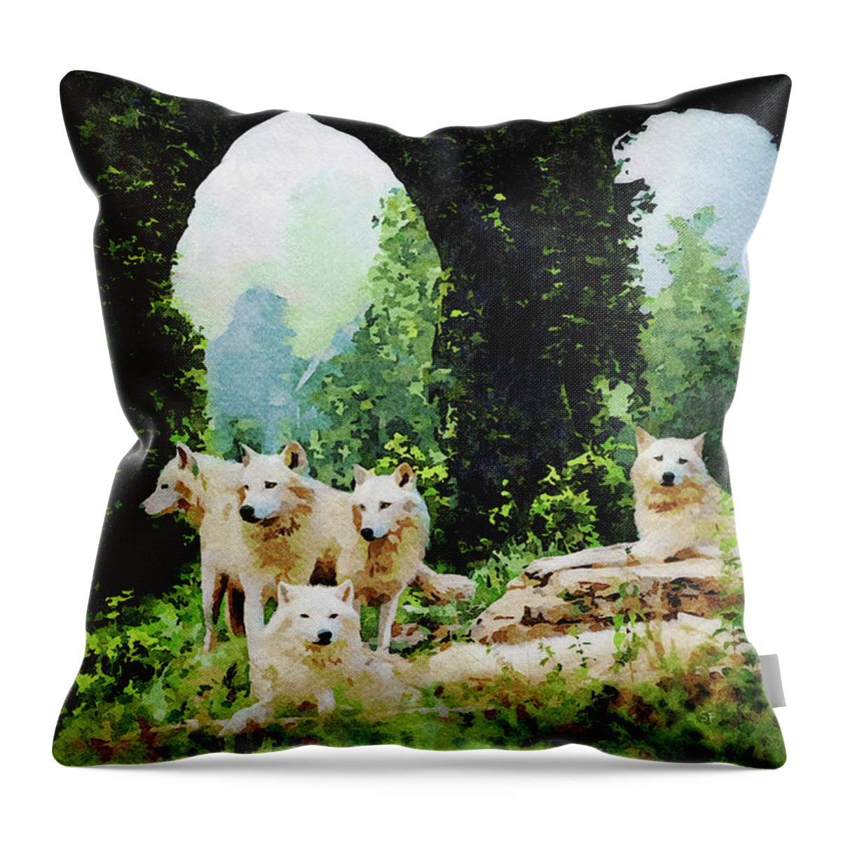 Animal Throw Pillow featuring the mixed media The Castle Guard- White Wolves Wildlife Watercolor by Shelli Fitzpatrick