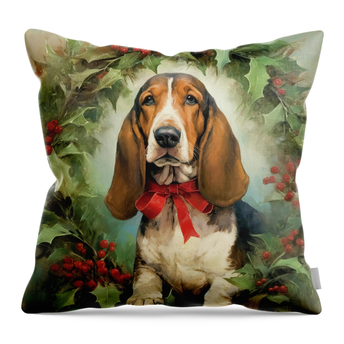 Basset Hound Throw Pillow featuring the painting The Christmas Hound by Tina LeCour