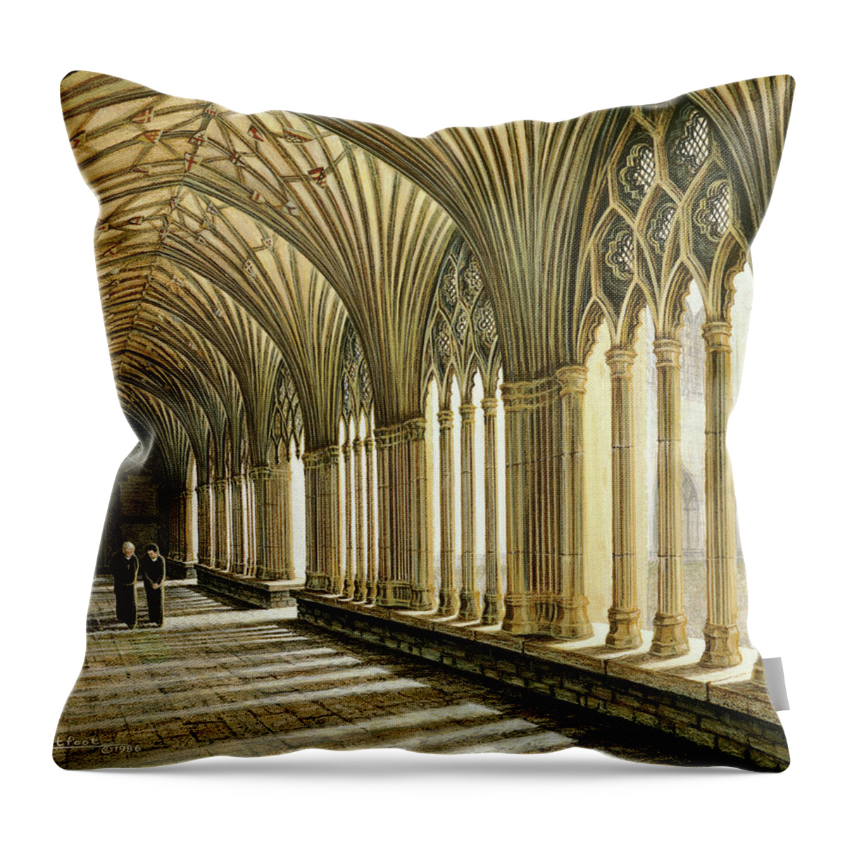 Church Throw Pillow featuring the painting The Cloisters of Canterbury by George Lightfoot