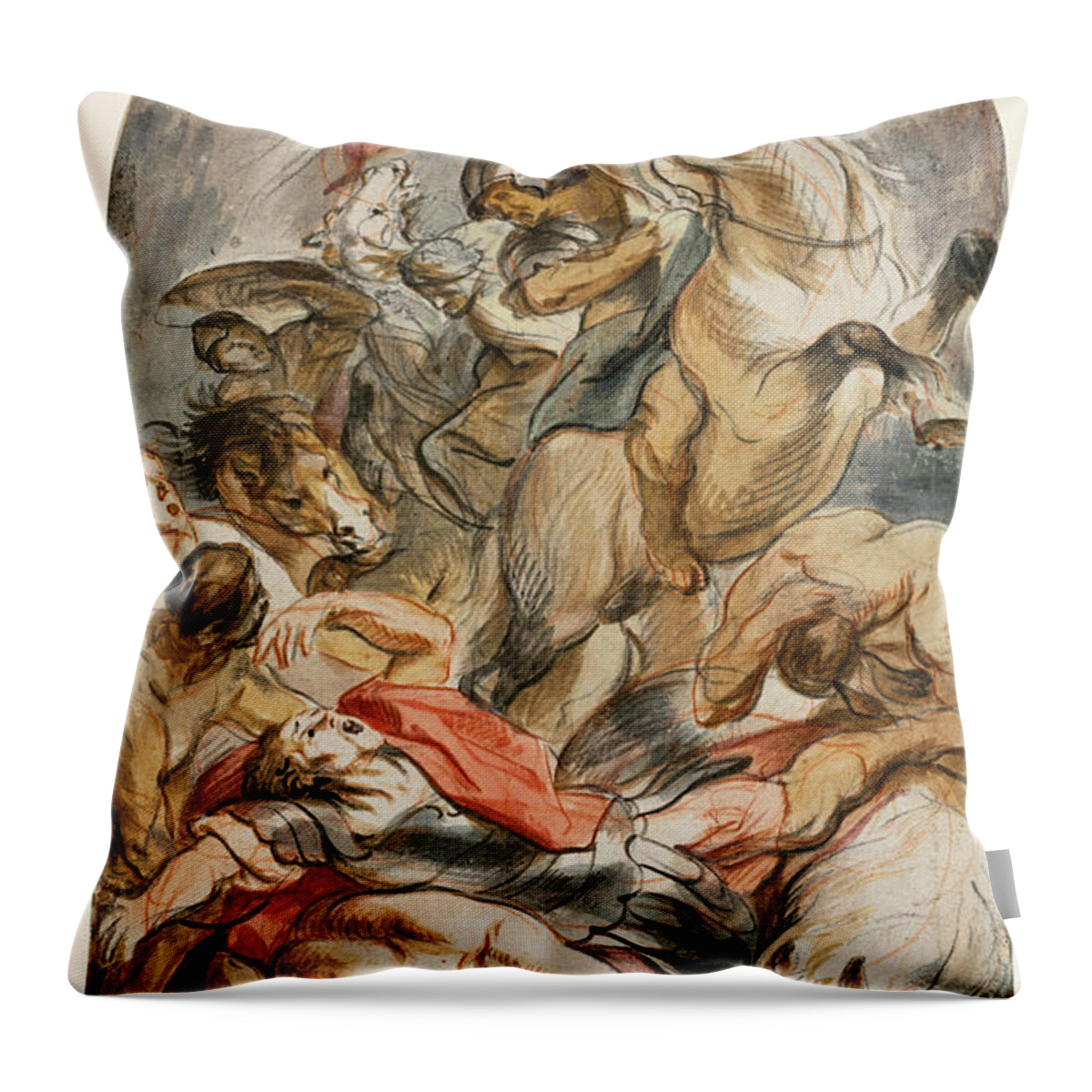 Jacob Jordaens Throw Pillow featuring the drawing The Conversion of Saul with Horseman and Banner by Jacob Jordaens