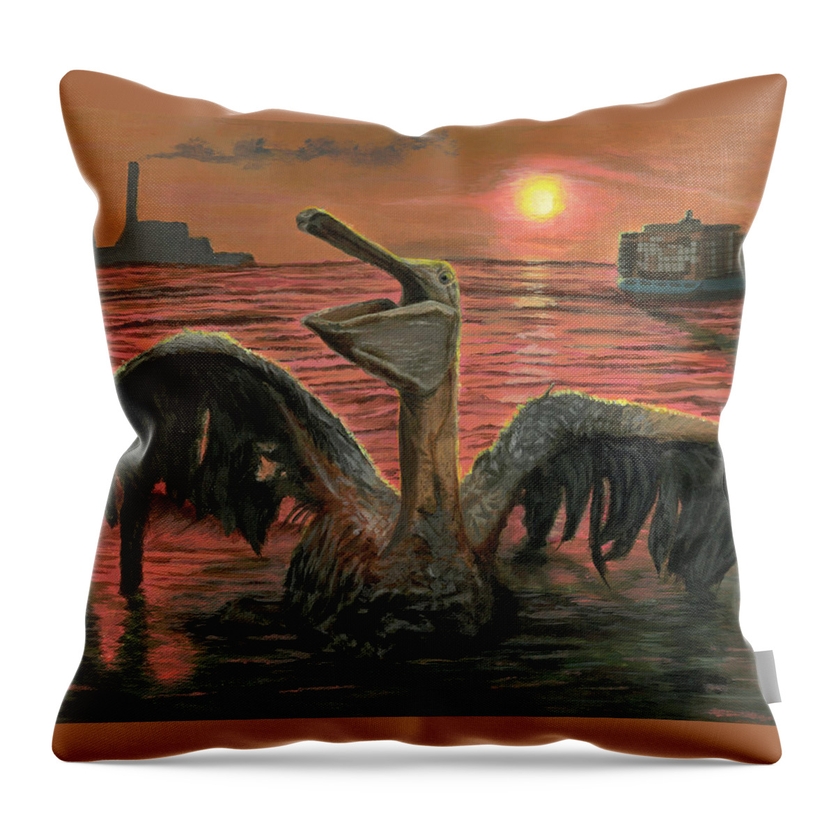 Oil Spill Throw Pillow featuring the painting The Cost of Oil by Jiahong Tian Grade 10 by California Coastal Commission