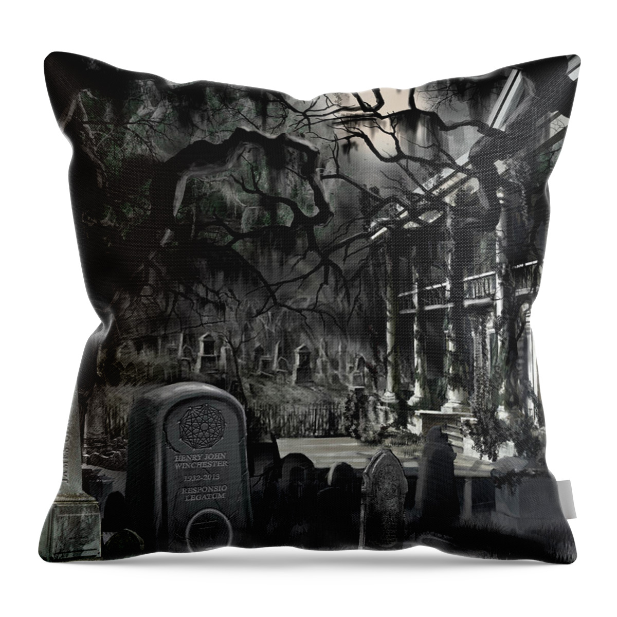 James C. Hill; James Christopher Hill; Gypsey Teague; Jameshillgallery.com; Bayou; Cajun; Voodoo; Hoodoo; Ghost; Witch; Witches; Curse; New Orleans; Swamp; Moss; Plantation; Moon; Dark; Darkness; Tomb; Tombstone; Southern Plantation; Mansion; Secret; Sorcery; Witchcraft; Candle; Fire Throw Pillow featuring the painting The Curse of Johnson Bayou by James Hill