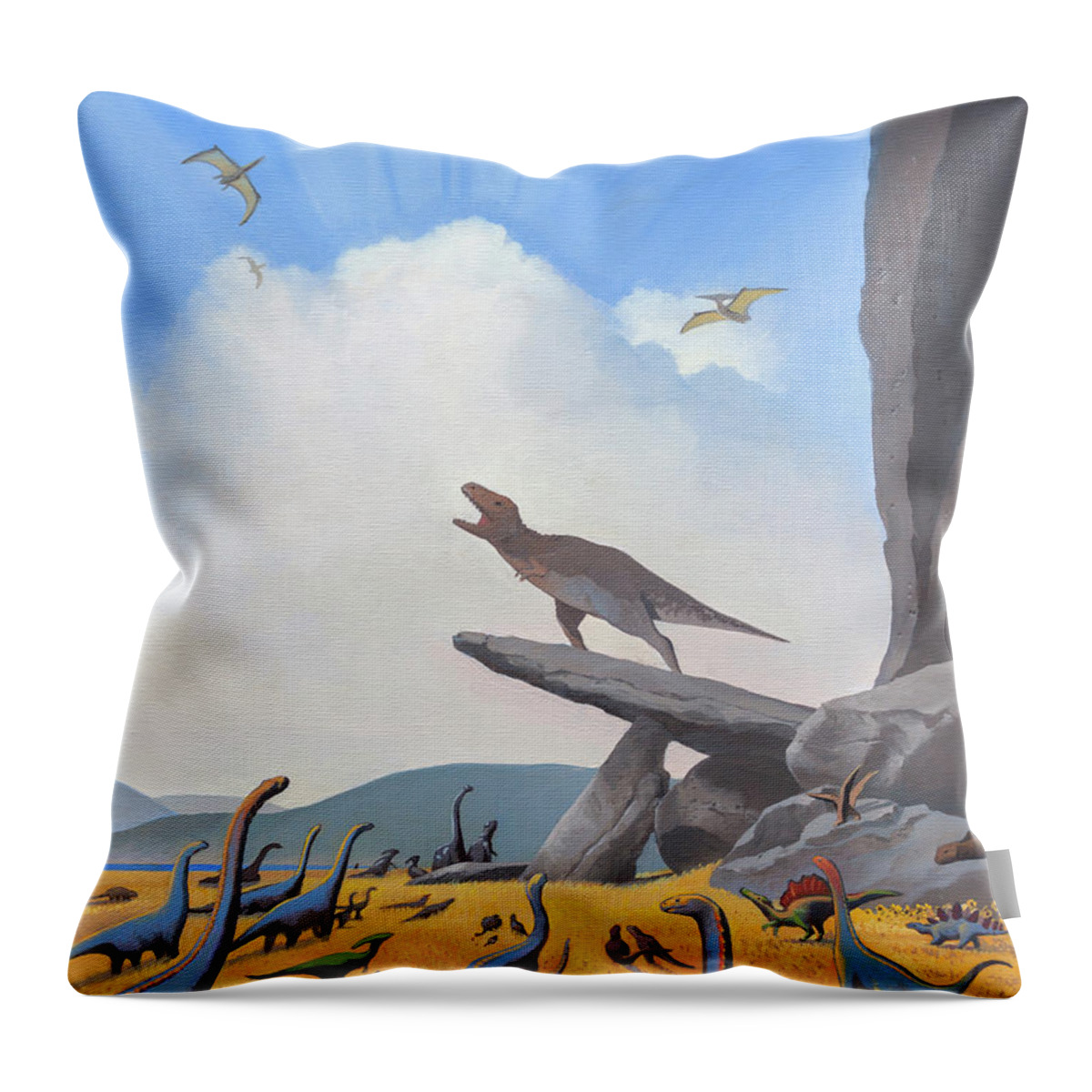 Dinosaurs Throw Pillow featuring the painting The Dino King by Cliff Wassmann