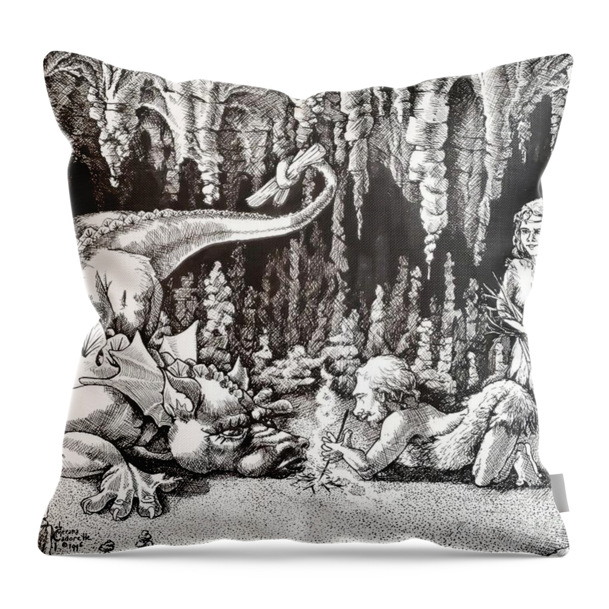 Dinosaur Throw Pillow featuring the drawing The Discovery of Fire by Merana Cadorette