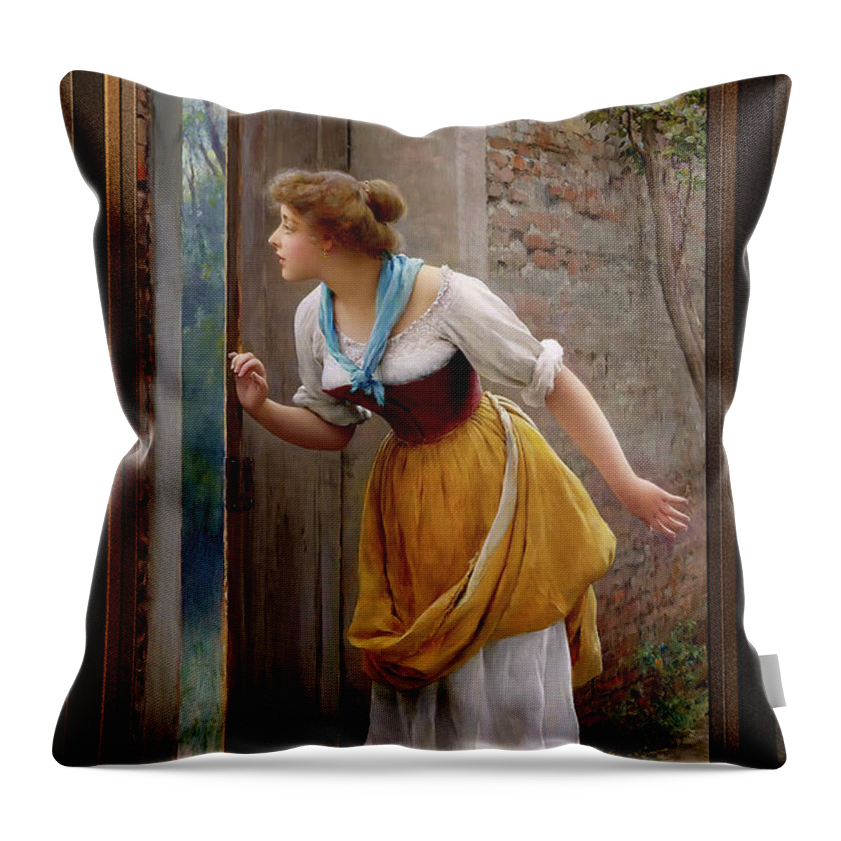 The Eavesdropper Throw Pillow featuring the painting The Eavesdropper by Eugen von Blaas Remastered Xzendor7 Classical Fine Art Reproductions by Xzendor7