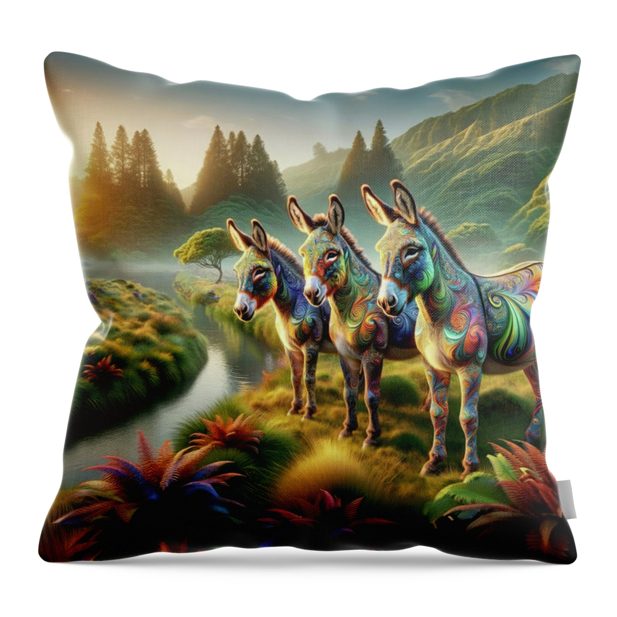 Verdant Valley Throw Pillow featuring the digital art The Enchanted Donkeys by Bill and Linda Tiepelman