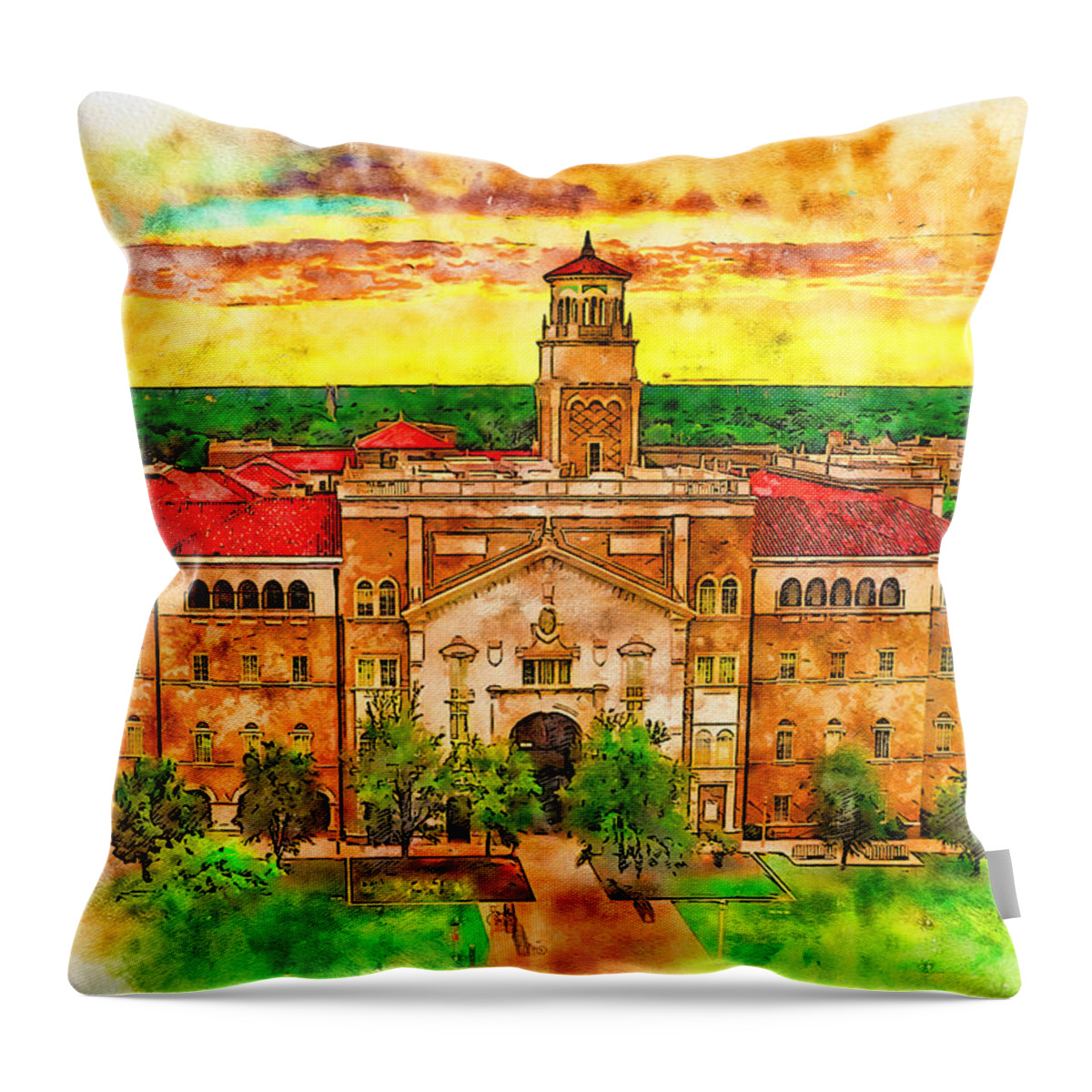 English And Philosophy Building Throw Pillow featuring the digital art The English and Philosophy Building of the Texas Tech University - pen and watercolor by Nicko Prints